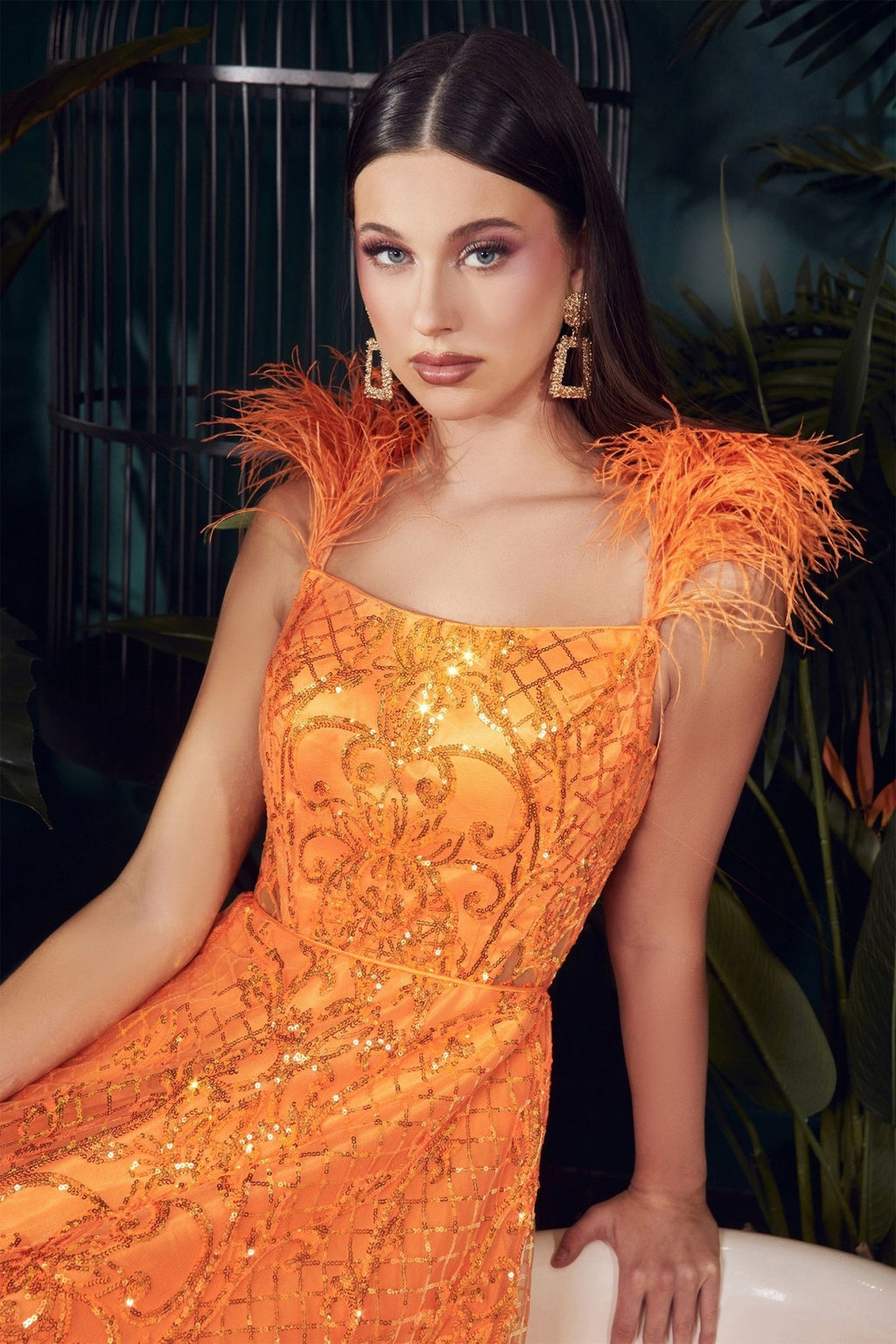 NEON ORANGE BALL GOWN WITH FEATHERS CDKV1076 - PrimePick