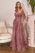 Dusty Rose & Slate Blue Off-Shoulder Embroidered Gown | A-Line Glitter Tulle Evening Dress CDOC008