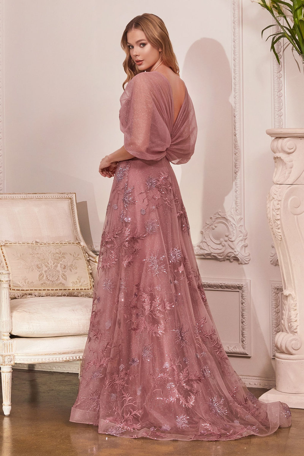 Dusty Rose & Slate Blue Off-Shoulder Embroidered Gown | A-Line Glitter Tulle Evening Dress CDOC008