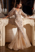 Champagne & Mauve Sequin Mesh Gown with Puff Sleeves | Elegant V-Neck Mermaid Dress  CDOC009