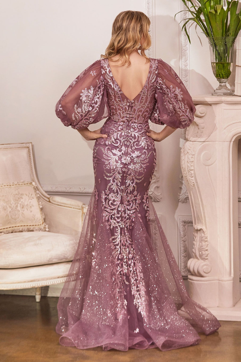 Champagne & Mauve Sequin Mesh Gown with Puff Sleeves | Elegant V-Neck Mermaid Dress  CDOC009