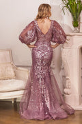 Champagne & Mauve Sequin Mesh Gown with Puff Sleeves | Elegant V-Neck Mermaid Dress  CDOC009