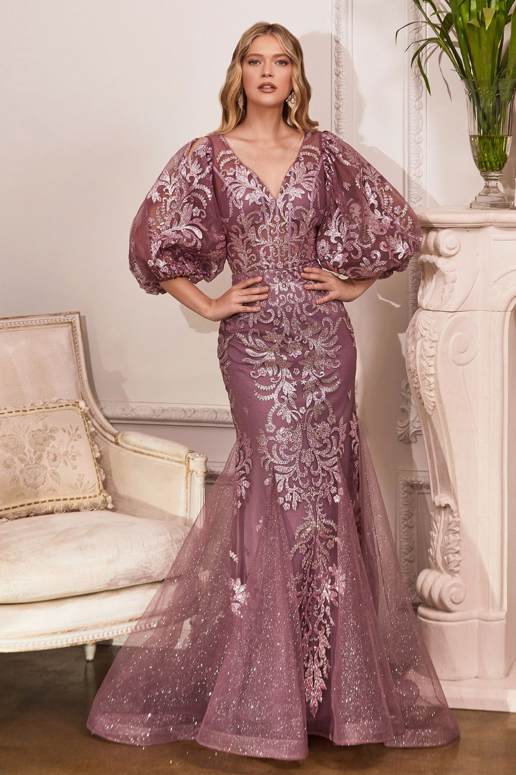 Champagne & Mauve Sequin Mesh Gown with Puff Sleeves | Elegant V-Neck Mermaid Dress  CDOC009