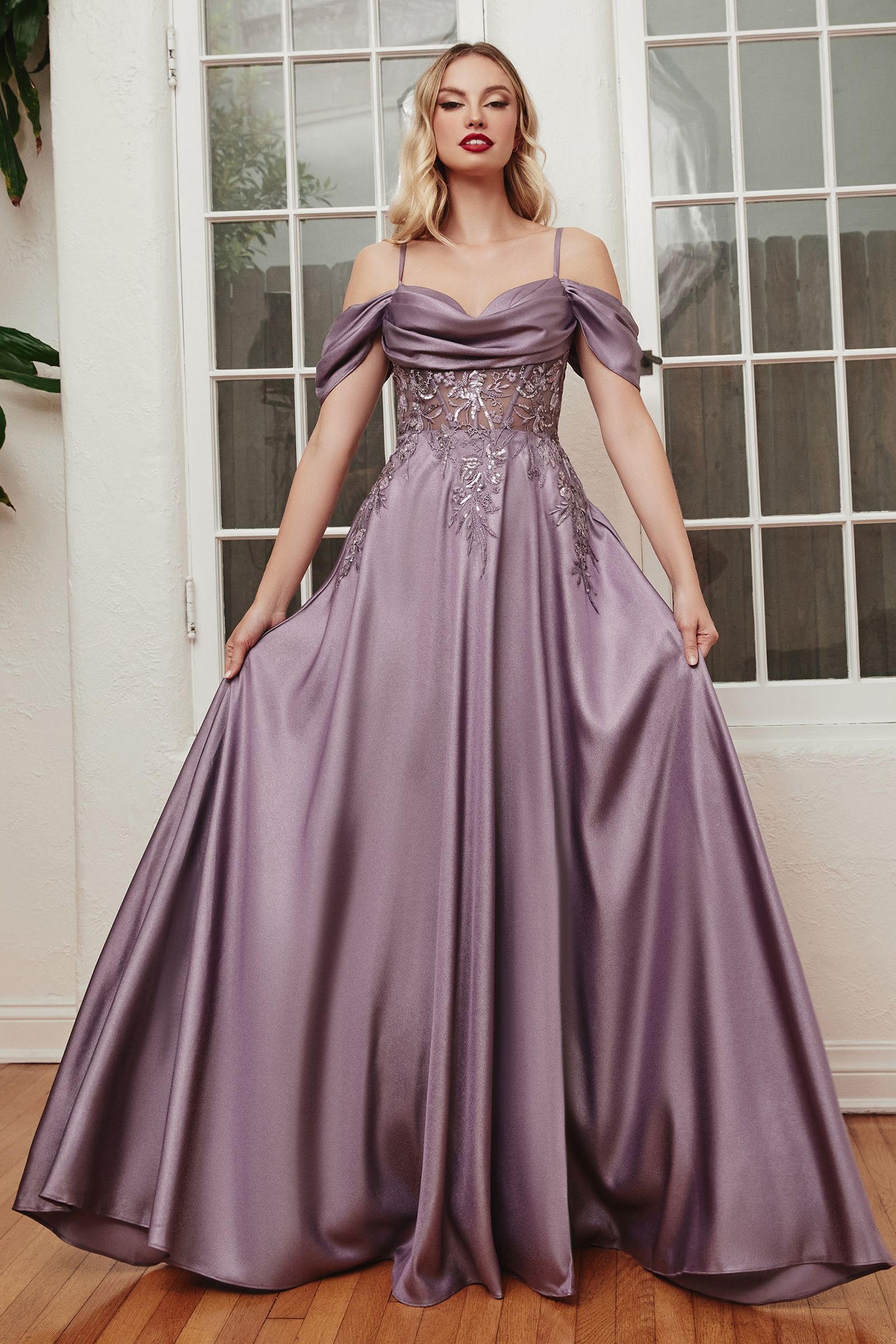 SATIN OFF THE SHOULDER A-LINE GOWN CDOC012