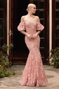 Off Shoulder Mermaid Embellished Flowers Bodice Mid Back Short Puff Sleeves Long Prom & Bridesmaid Dress CDCD959B - PrimePick