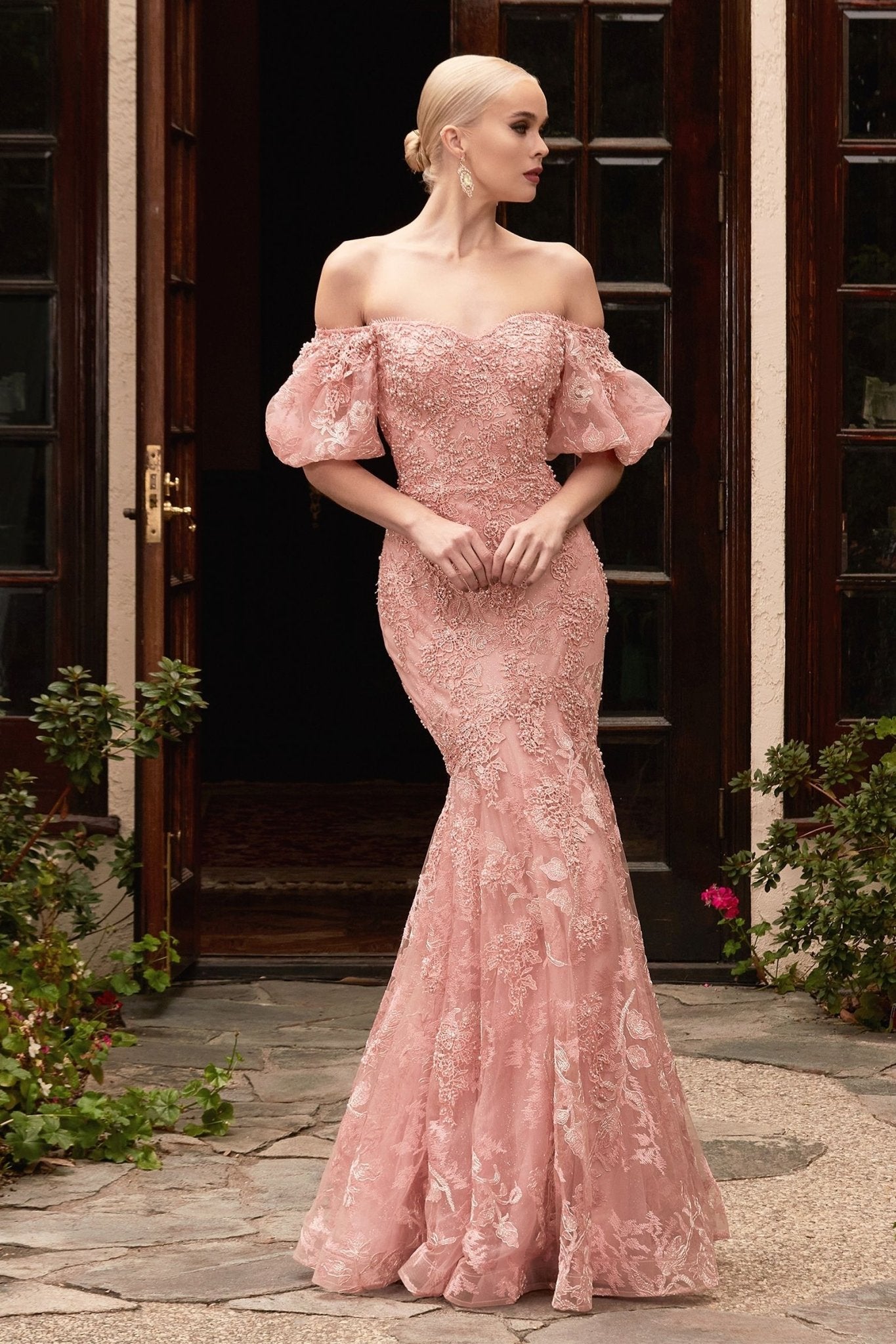 Off Shoulder Mermaid Embellished Flowers Bodice Mid Back Short Puff Sleeves Long Prom & Bridesmaid Dress CDCD959B - PrimePick