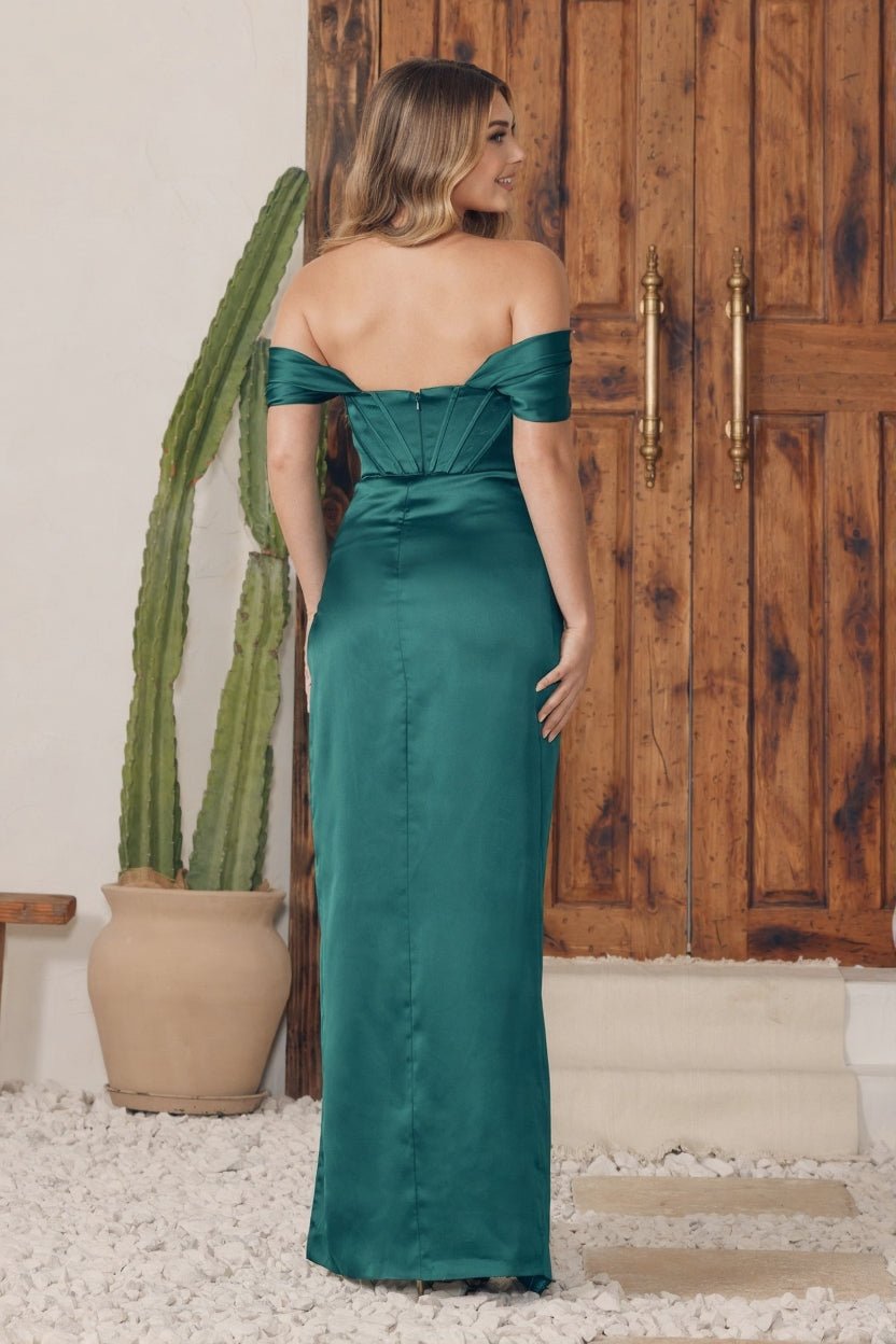 Off The Shoulder Sheath Graduation Satin Gown w/ Straight Across Neckline & Corset Bodice NXR1236 - PrimePick