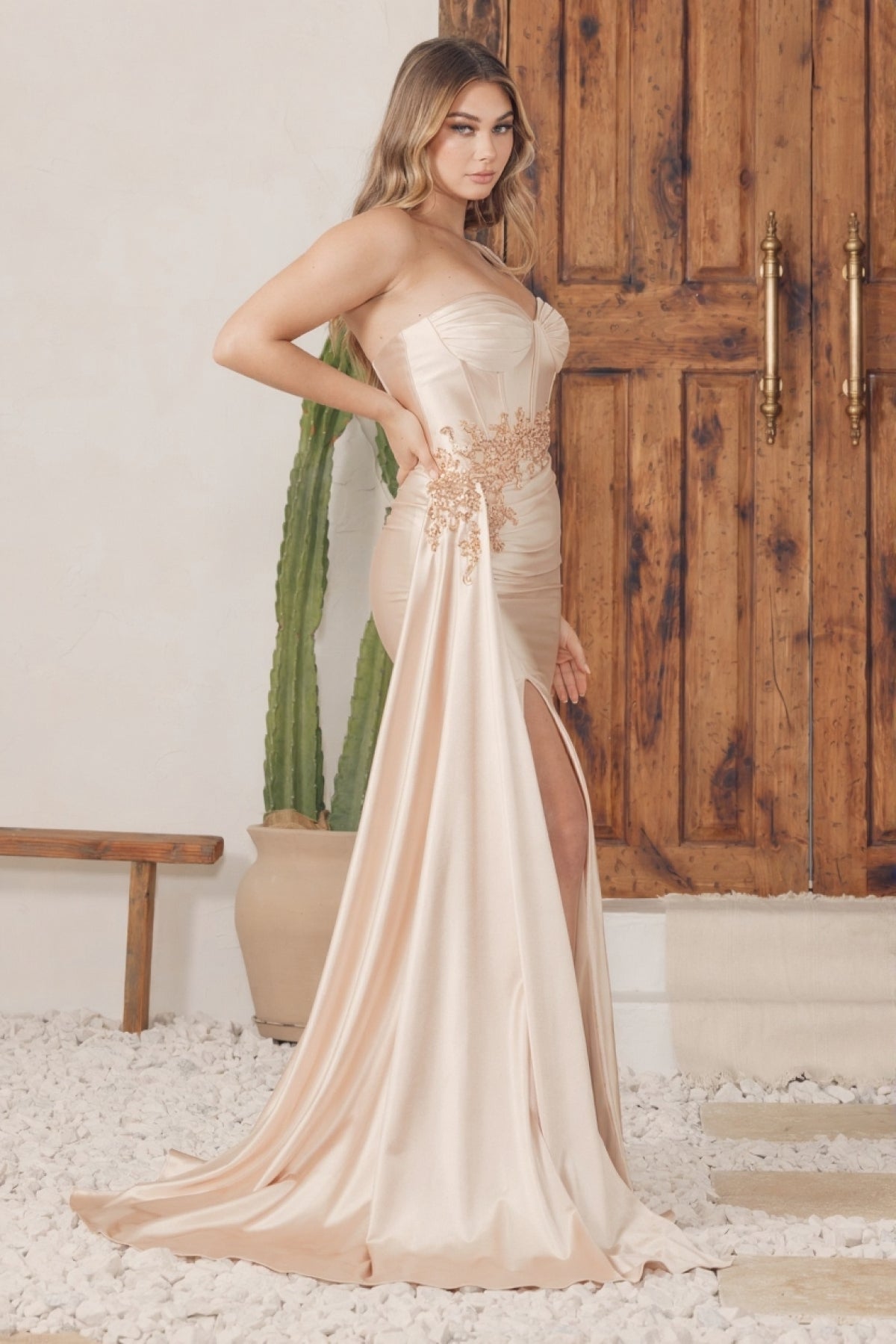 One Shoulder Sheath Prom Satin Gown w/ Side Drape & Rhinestones Embellished Waistline NXE1239 - PrimePick