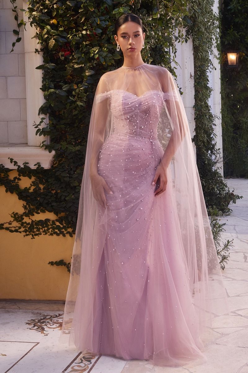 Pearl Pleated Tulle With Cape Off Shoulder Fitted Long Prom Gown CDA1219 - PrimePick