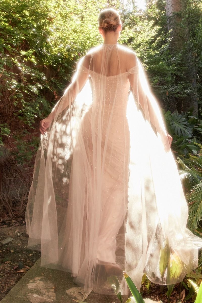 Pearl Pleated Tulle With Cape Off Shoulder Fitted Long Prom Gown CDA1219 - PrimePick