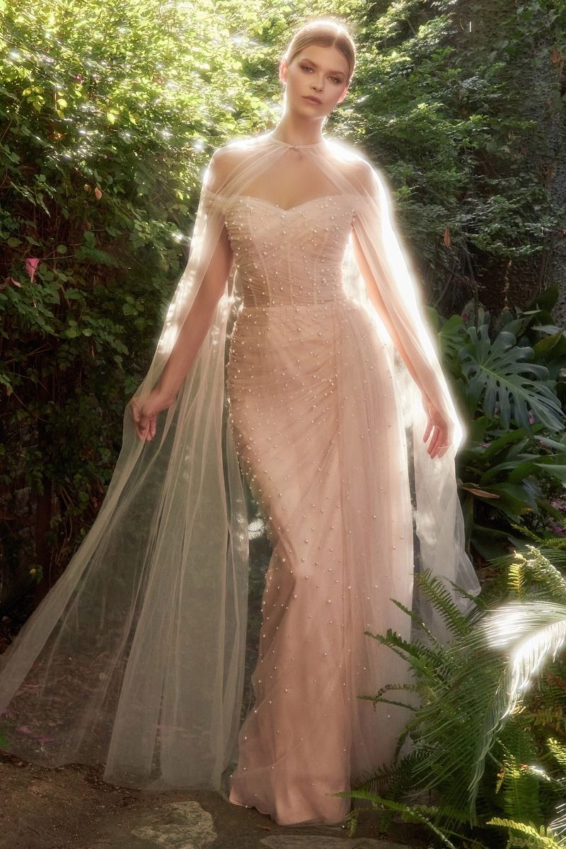 Pearl Pleated Tulle With Cape Off Shoulder Fitted Long Prom Gown CDA1219 - PrimePick