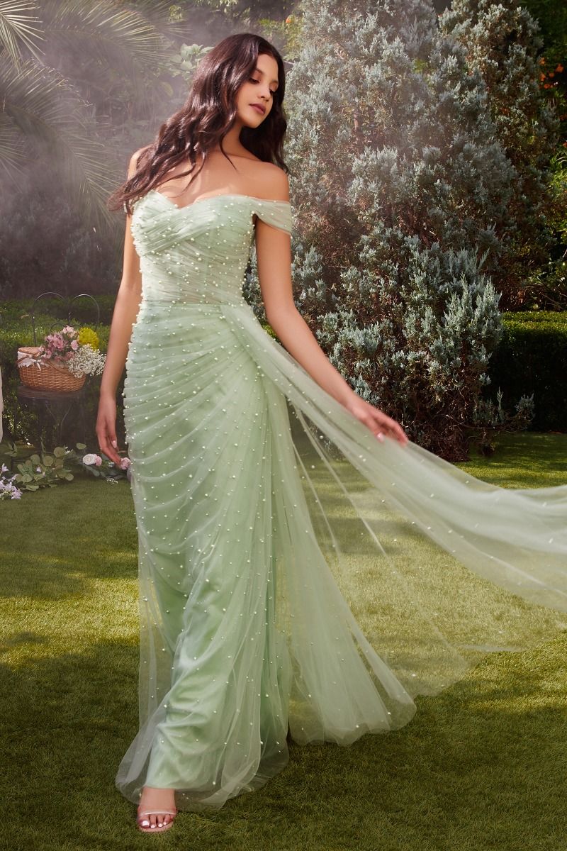 Pearl Pleated Tulle With Cape Off Shoulder Fitted Long Prom Gown CDA1219 - PrimePick