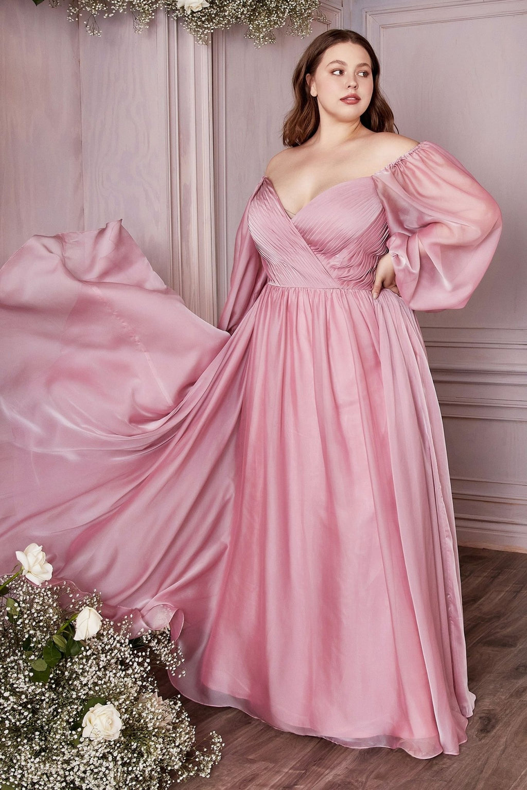 Plus Size Off - Shoulder Satin Gown with Bishop Sleeves – Romantic A - Line Formal Dress CDCD243C - PrimePick