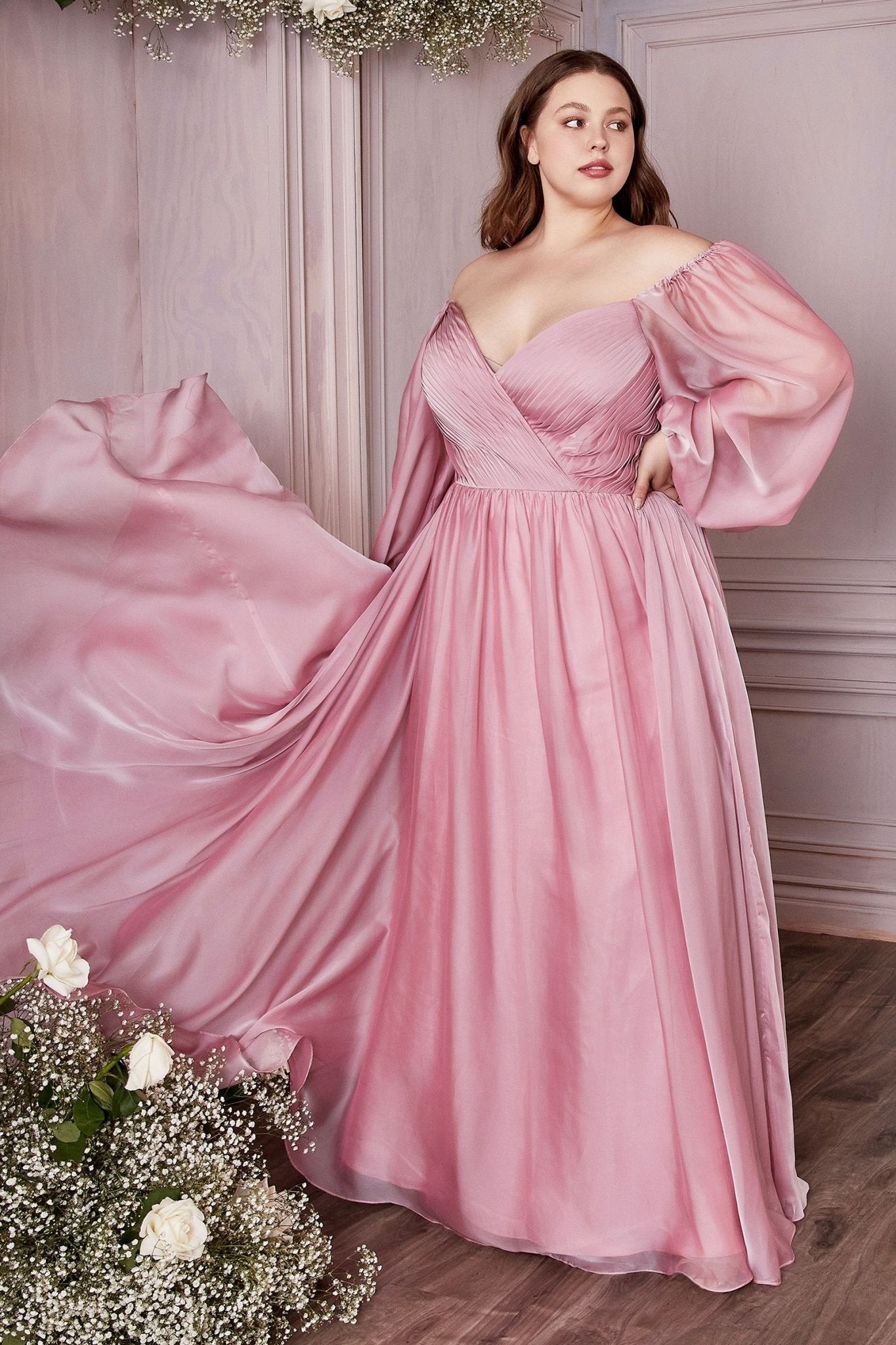 Plus Size Off - Shoulder Satin Gown with Bishop Sleeves – Romantic A - Line Formal Dress CDCD243C - PrimePick