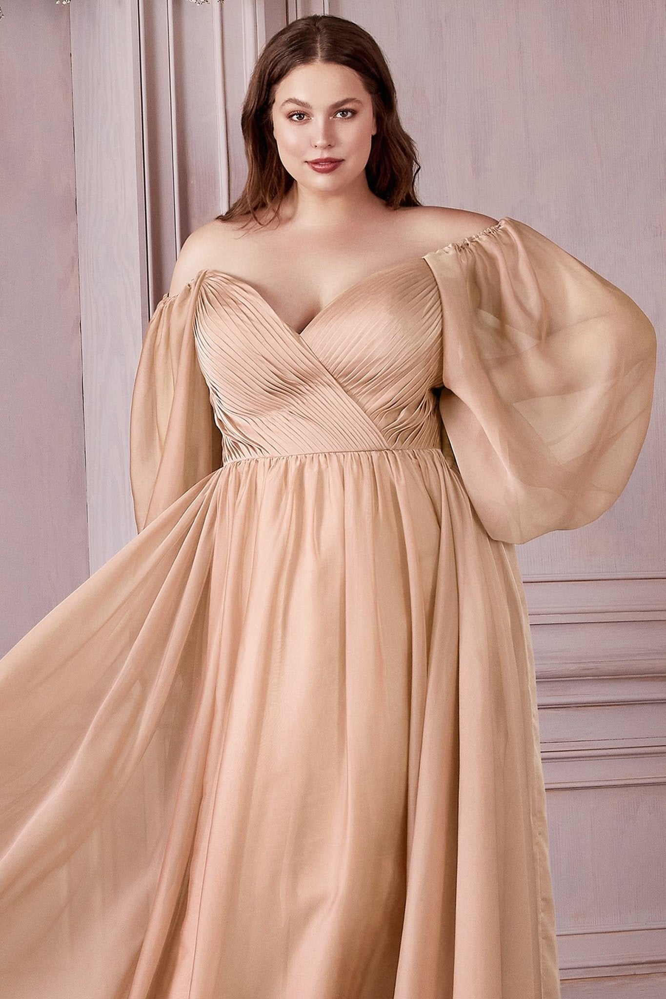 Plus Size Off - Shoulder Satin Gown with Bishop Sleeves – Romantic A - Line Formal Dress CDCD243C - PrimePick