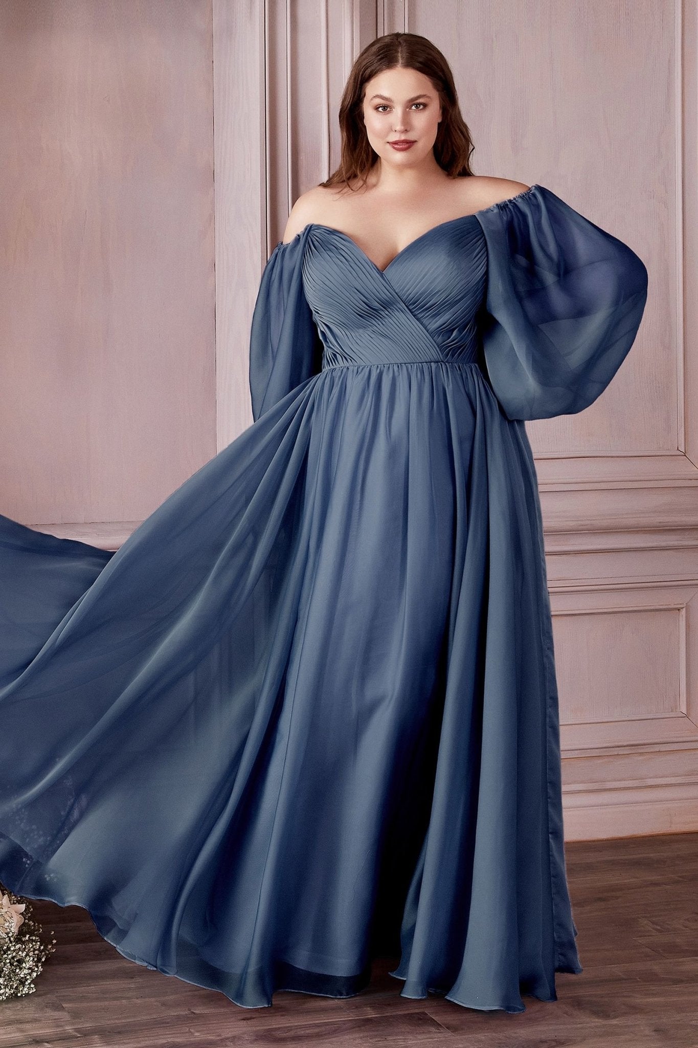 Plus Size Off - Shoulder Satin Gown with Bishop Sleeves – Romantic A - Line Formal Dress CDCD243C - PrimePick