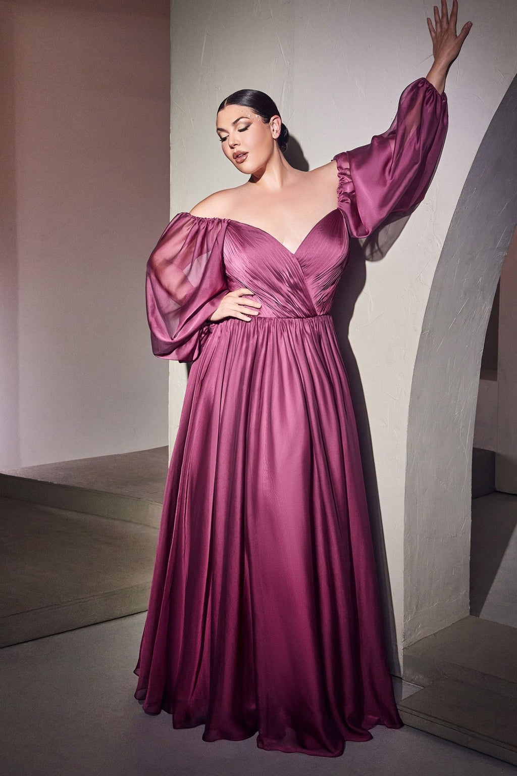 Plus Size Off - Shoulder Satin Gown with Bishop Sleeves – Romantic A - Line Formal Dress CDCD243C - PrimePick