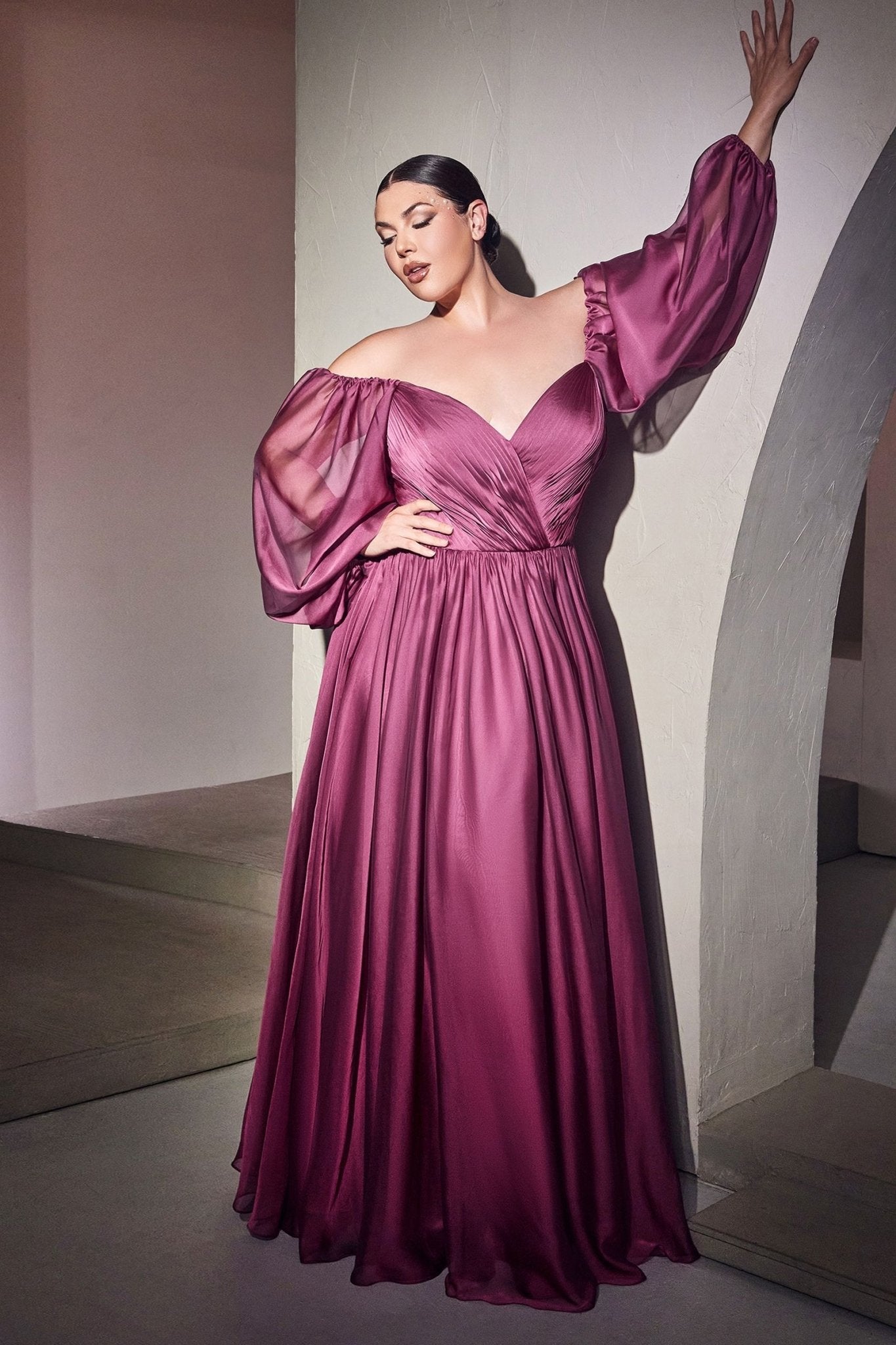 Plus Size Off - Shoulder Satin Gown with Bishop Sleeves – Romantic A - Line Formal Dress CDCD243C - PrimePick