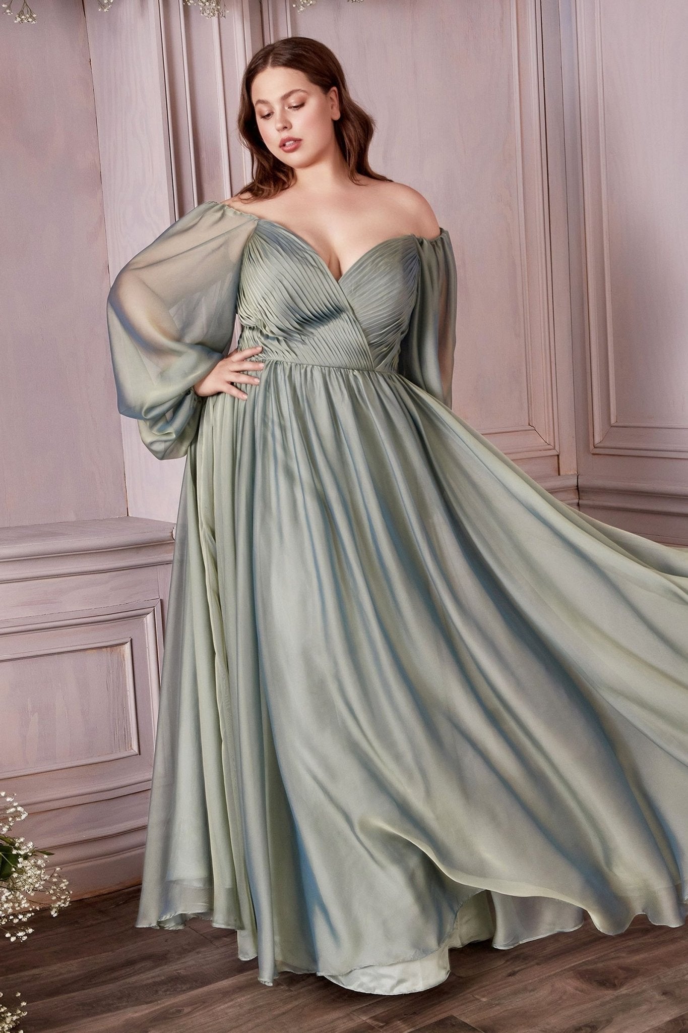 Plus Size Off - Shoulder Satin Gown with Bishop Sleeves – Romantic A - Line Formal Dress CDCD243C - PrimePick