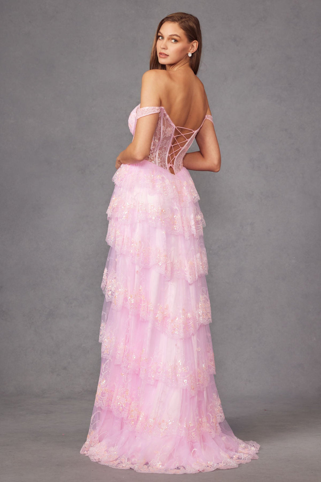 Ruffle Tulle Lace Sequin Sheer Corset Bodice Off The Shoulder Straps Prom Dress JTJT2453K - PrimePick