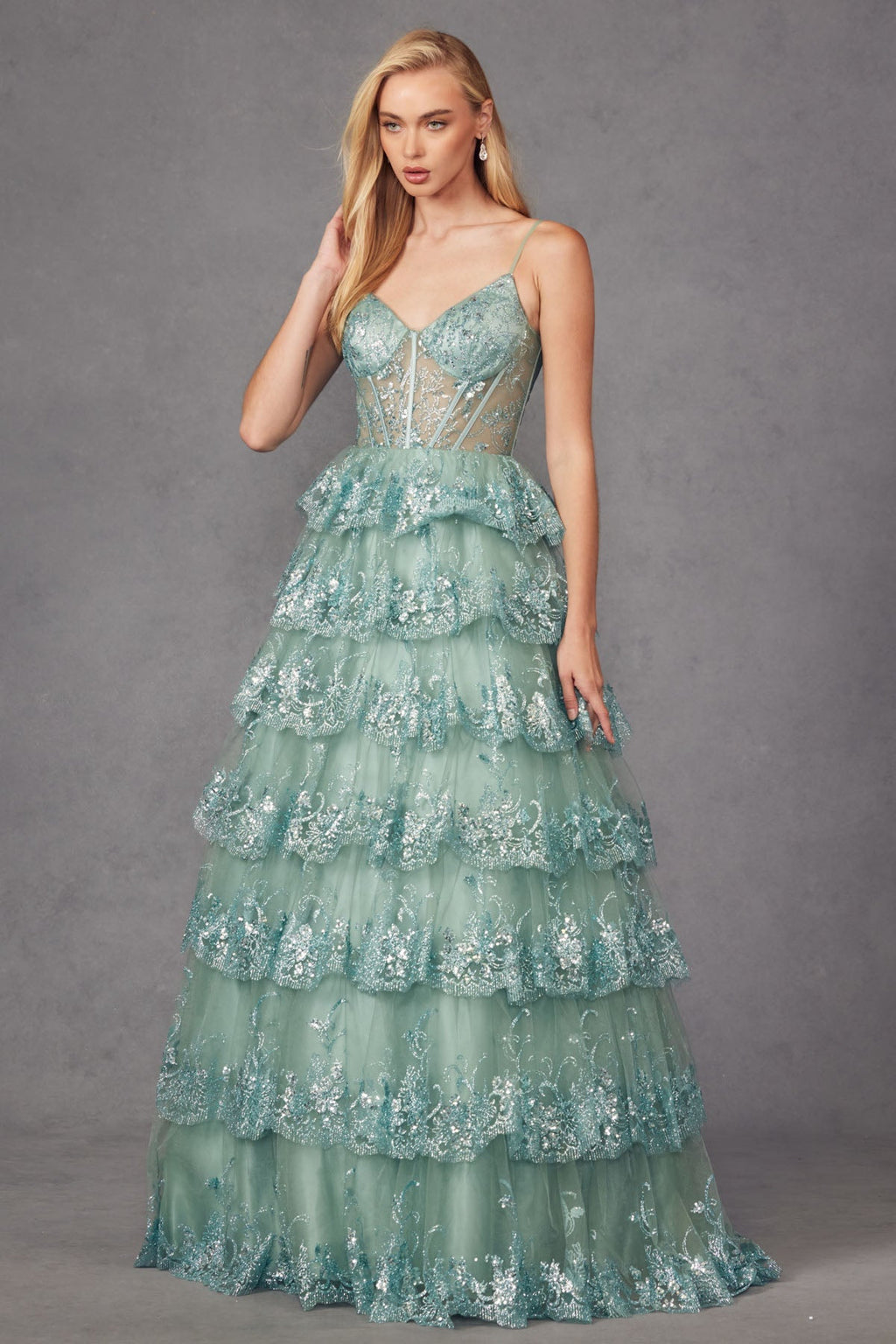 Ruffle Tulle Lace Sequin Sheer Corset Bodice Sweetheart Neckline Prom Dress JTJT2454K - PrimePick