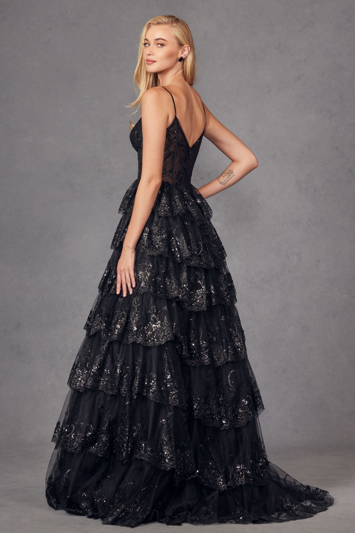 Ruffle Tulle Lace Sequin Sheer Corset Bodice Sweetheart Neckline Prom Dress JTJT2454K - PrimePick