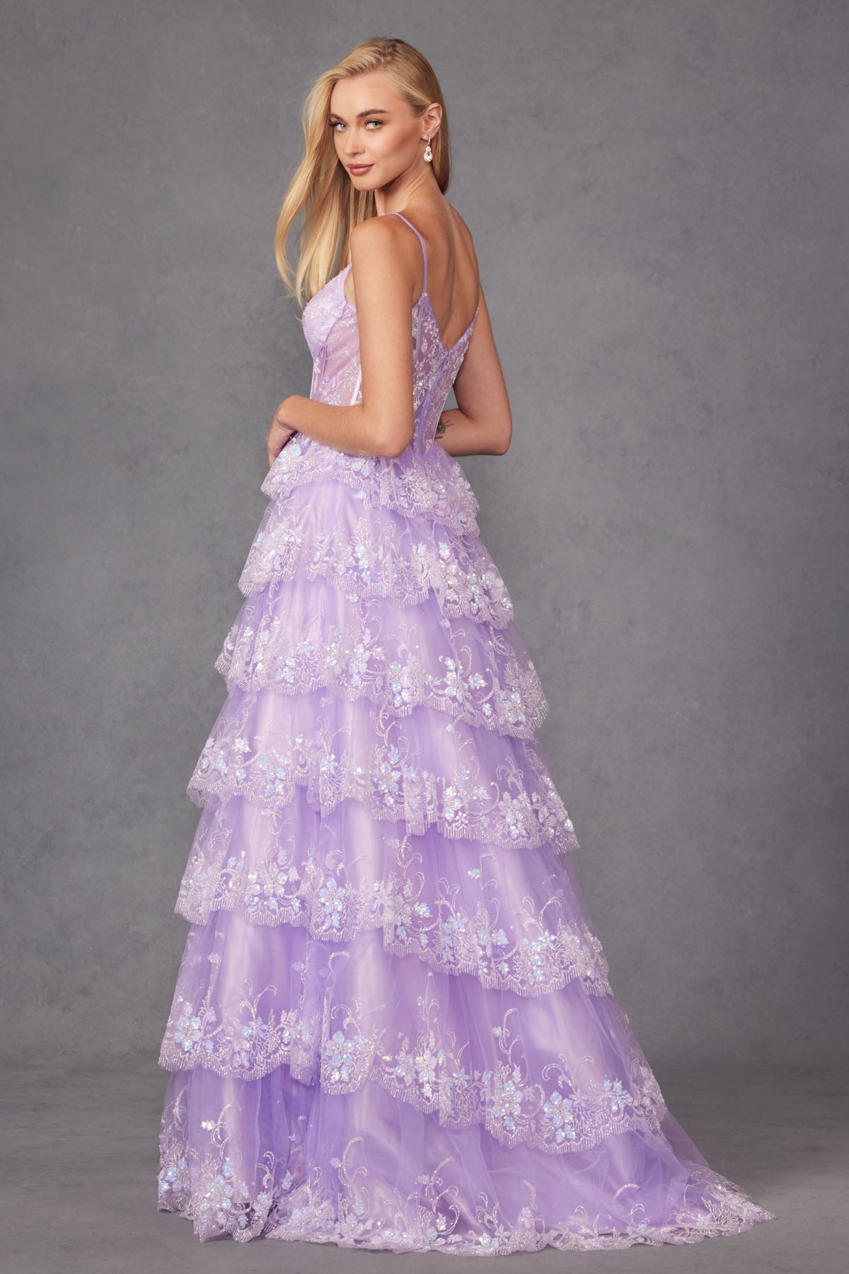 Ruffle Tulle Lace Sequin Sheer Corset Bodice Sweetheart Neckline Prom Dress JTJT2454K - PrimePick