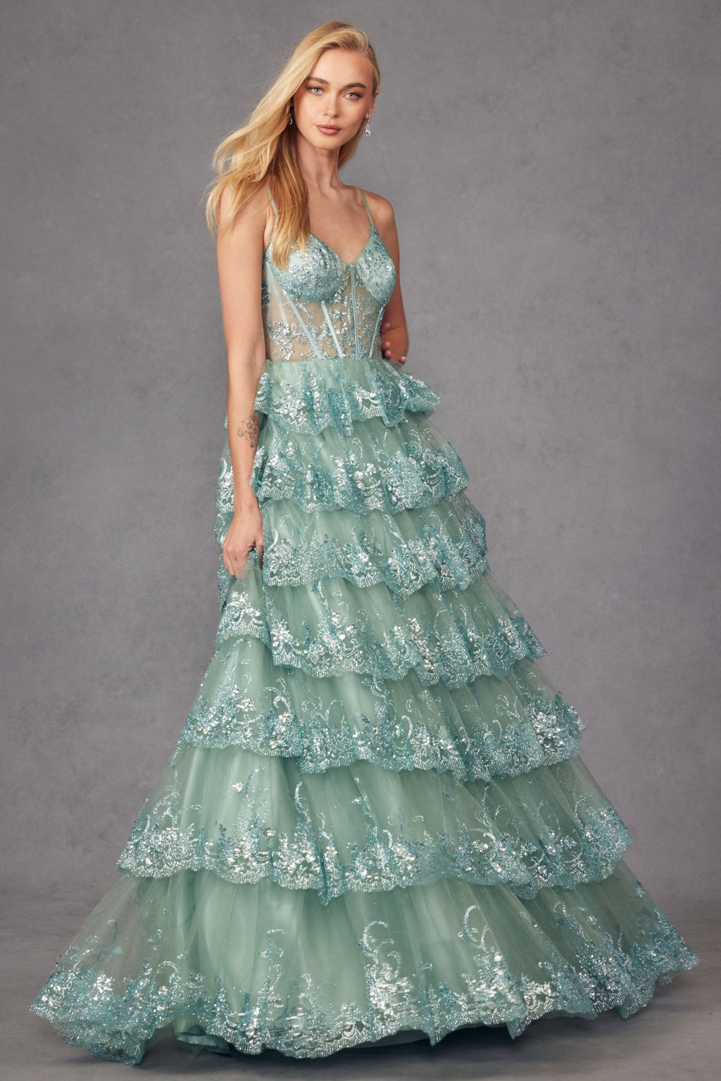 Ruffle Tulle Lace Sequin Sheer Corset Bodice Sweetheart Neckline Prom Dress JTJT2454K - PrimePick