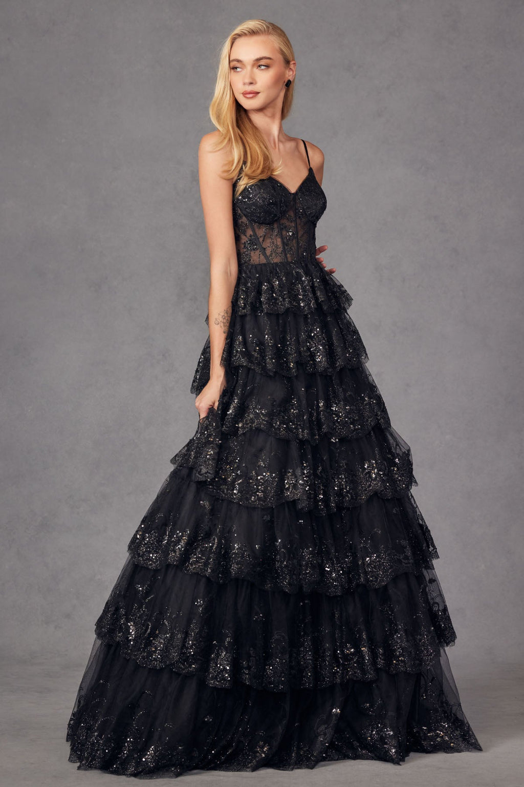 Ruffle Tulle Lace Sequin Sheer Corset Bodice Sweetheart Neckline Prom Dress JTJT2454K - PrimePick