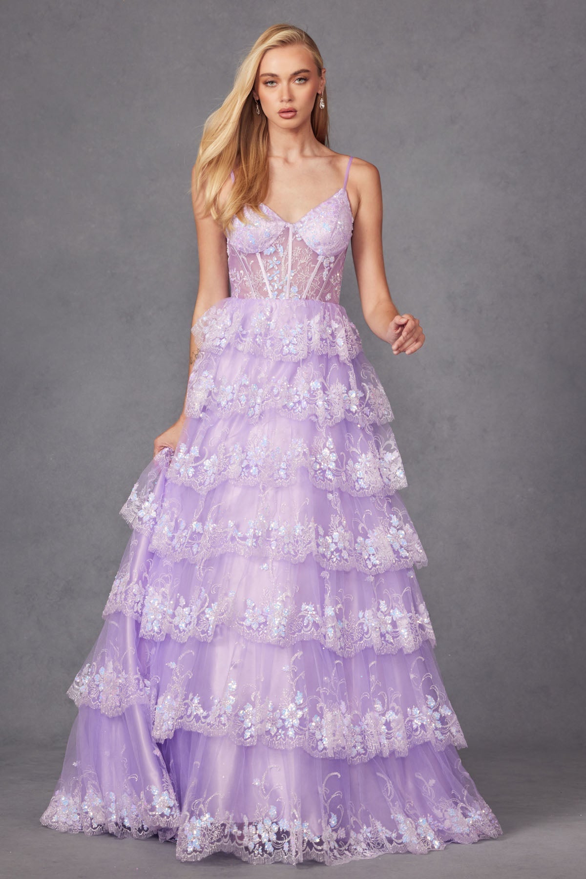 Ruffle Tulle Lace Sequin Sheer Corset Bodice Sweetheart Neckline Prom Dress JTJT2454K - PrimePick