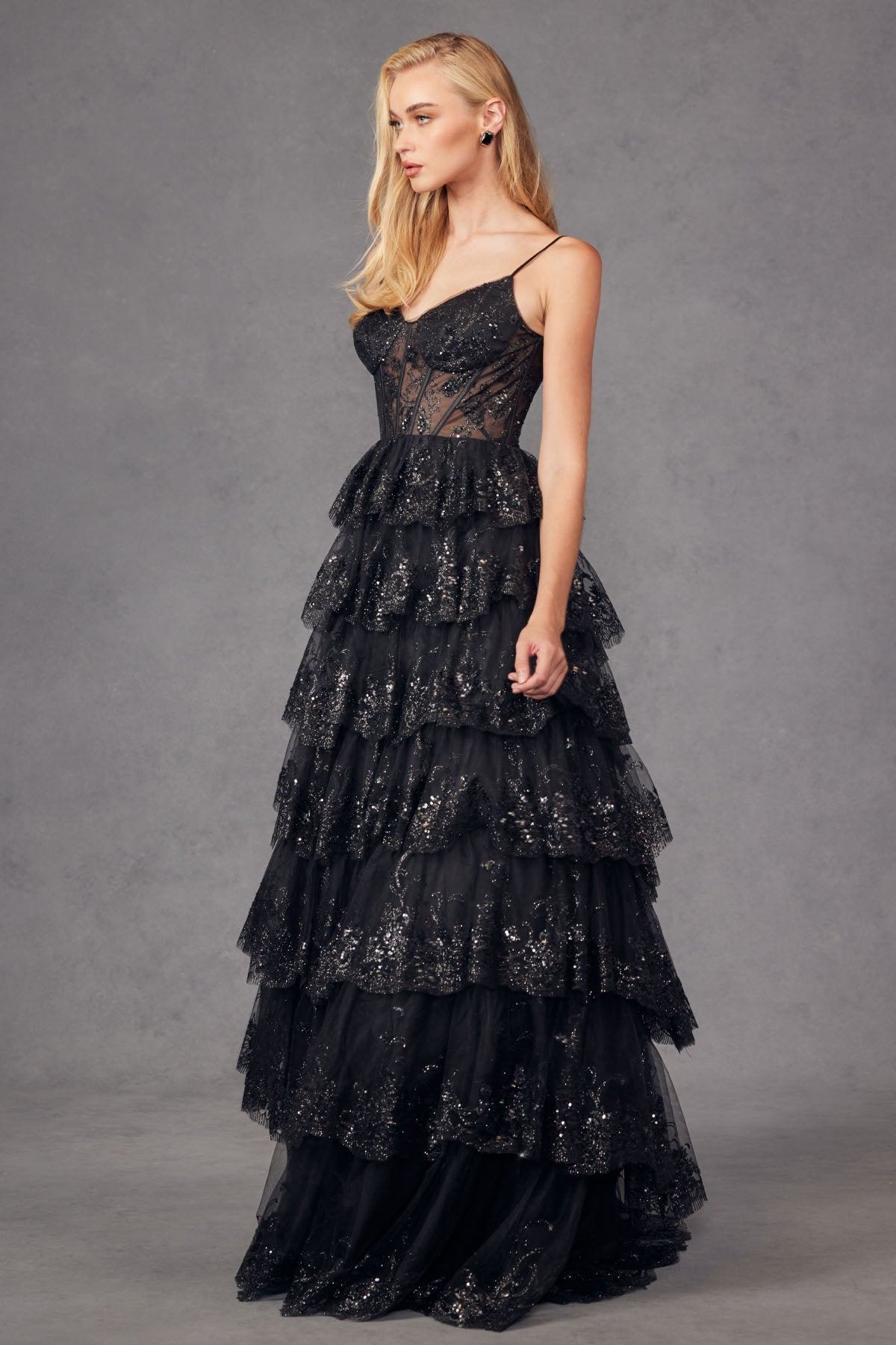 Ruffle Tulle Lace Sequin Sheer Corset Bodice Sweetheart Neckline Prom Dress JTJT2454K - PrimePick