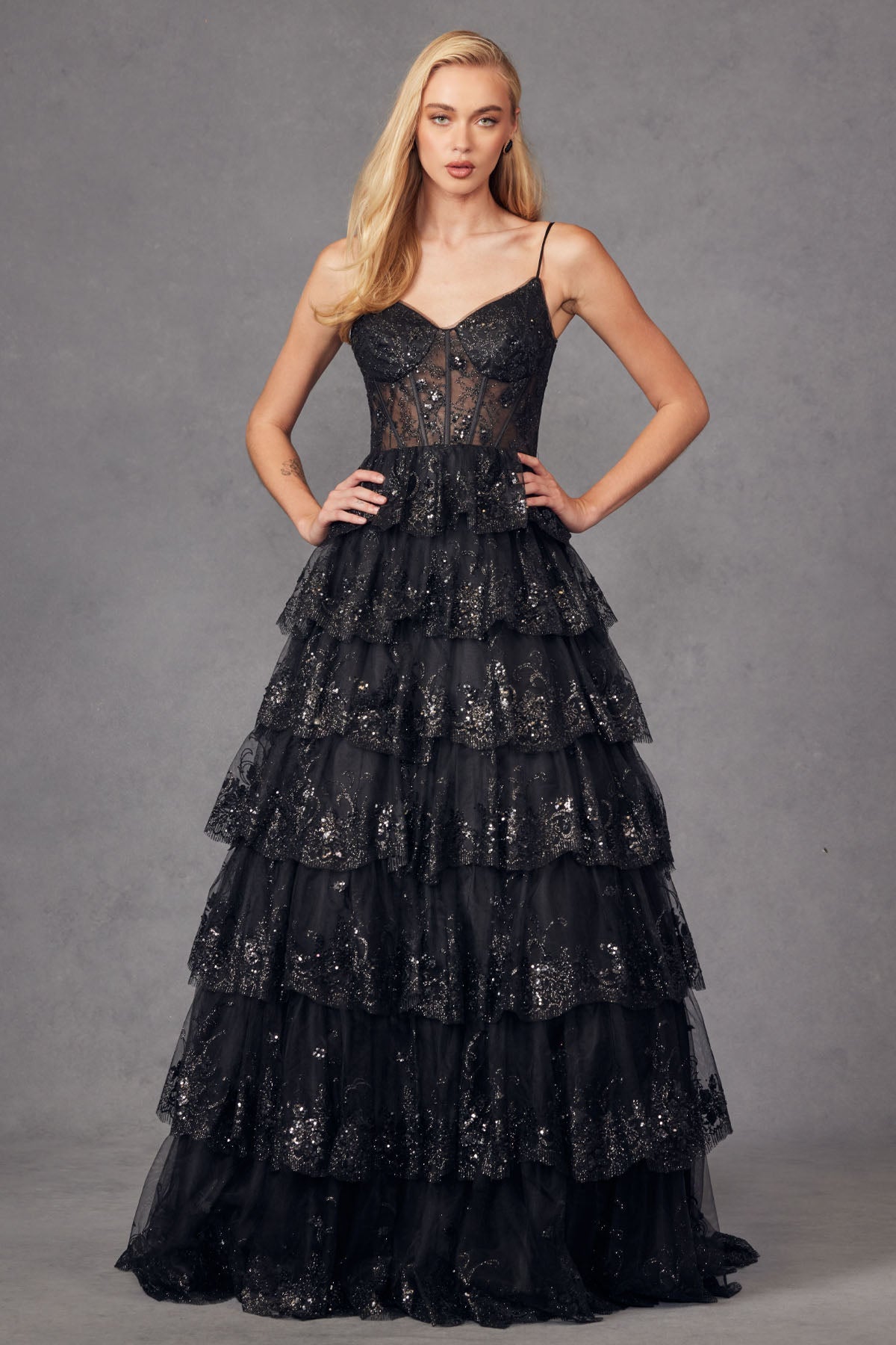 Ruffle Tulle Lace Sequin Sheer Corset Bodice Sweetheart Neckline Prom Dress JTJT2454K - PrimePick