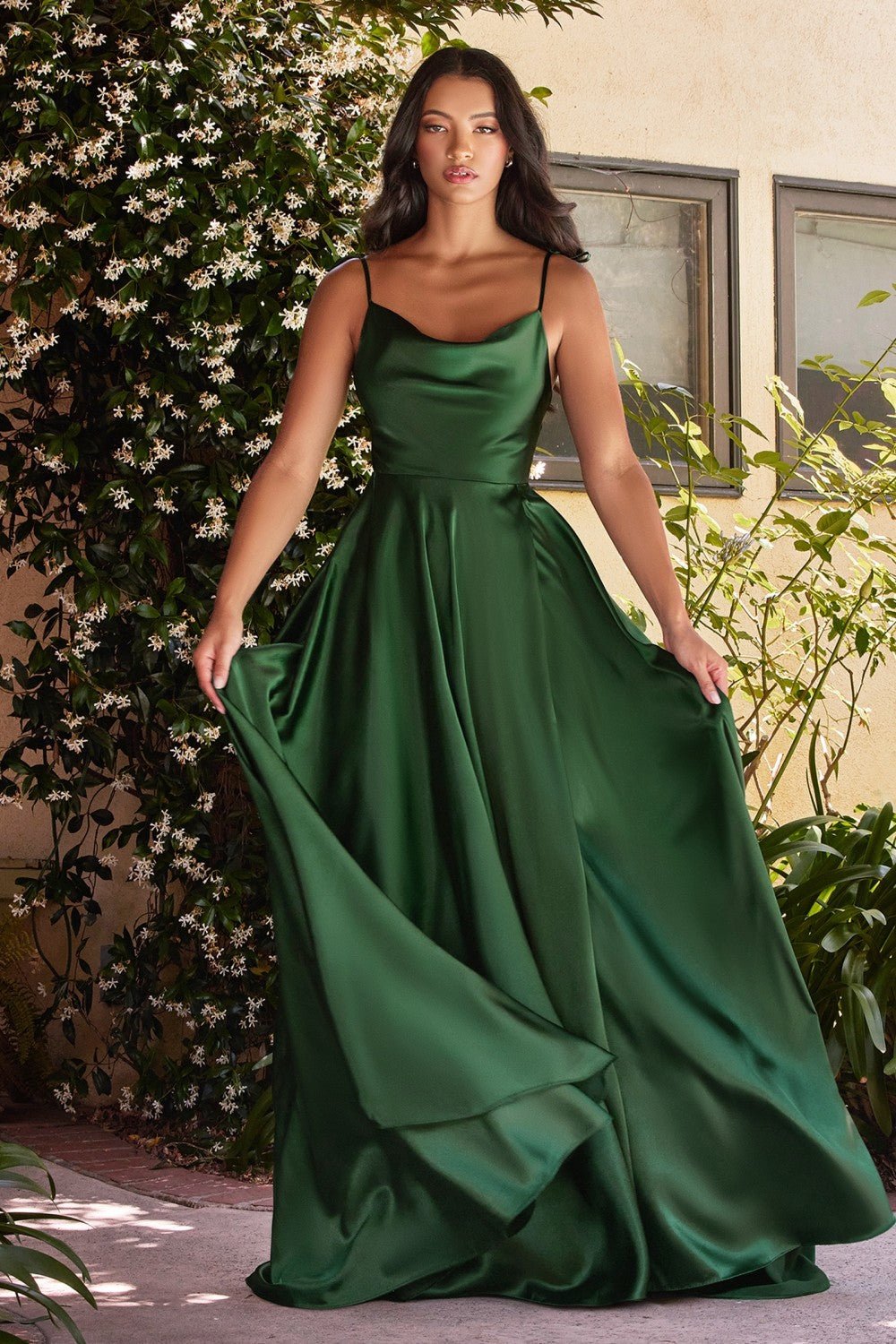 Satin A-Line Cowl Neck Spaghetti Strap Bodice High Leg Slit Long Prom & Bridesmaid Dress CDBD104 - PrimePick