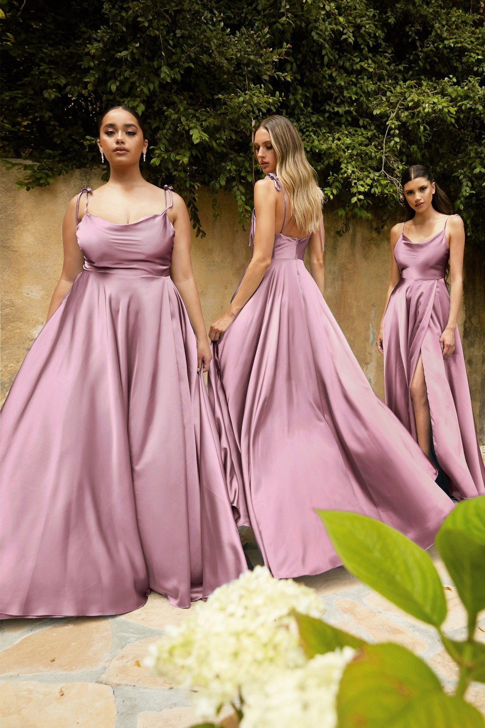 Satin A-Line Cowl Neck Spaghetti Strap Bodice High Leg Slit Long Prom & Bridesmaid Dress CDBD104 - PrimePick