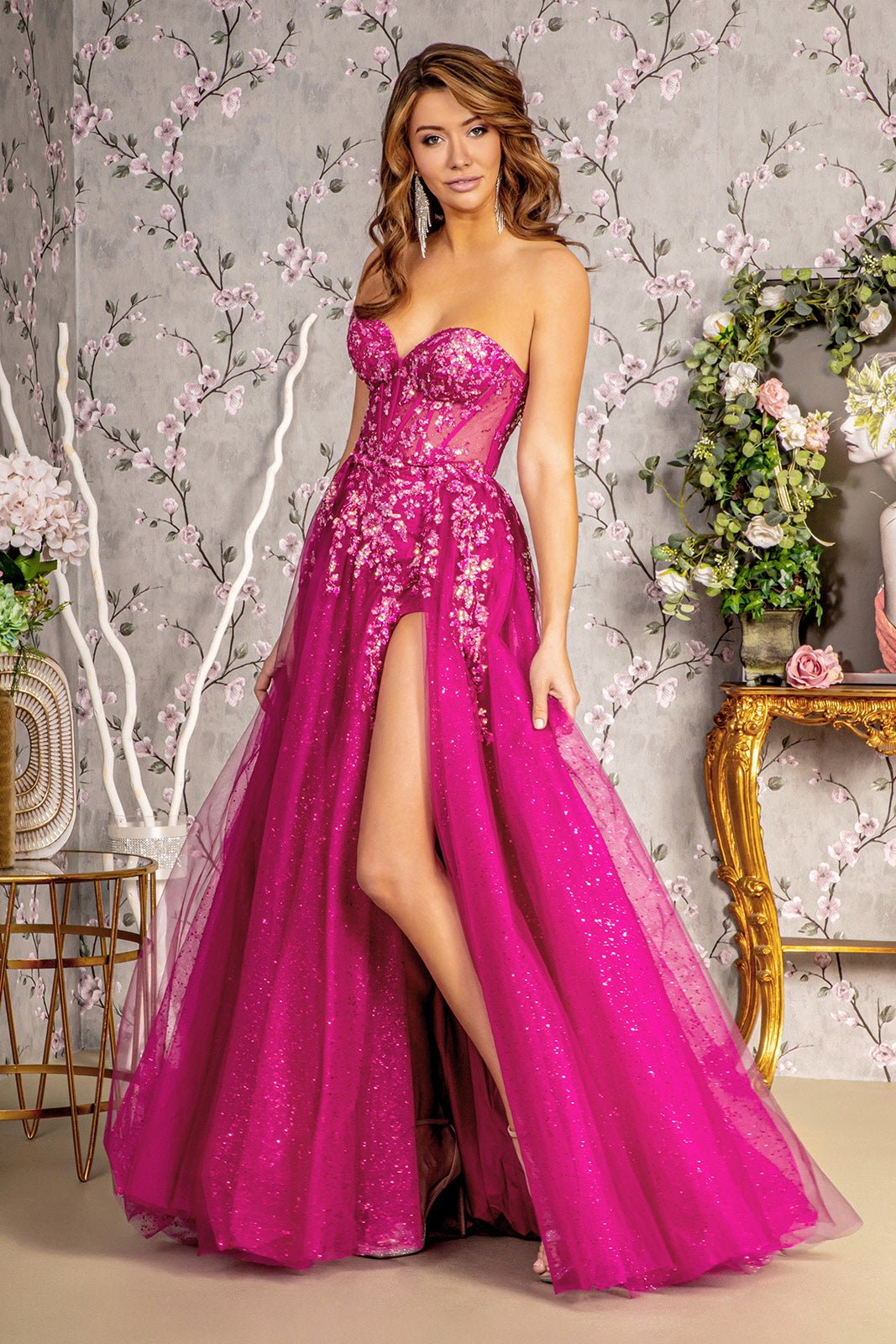 Sequin Strapless Sheer Bodice Mesh A-line Long Prom Dress GLGL3209 - PrimePick