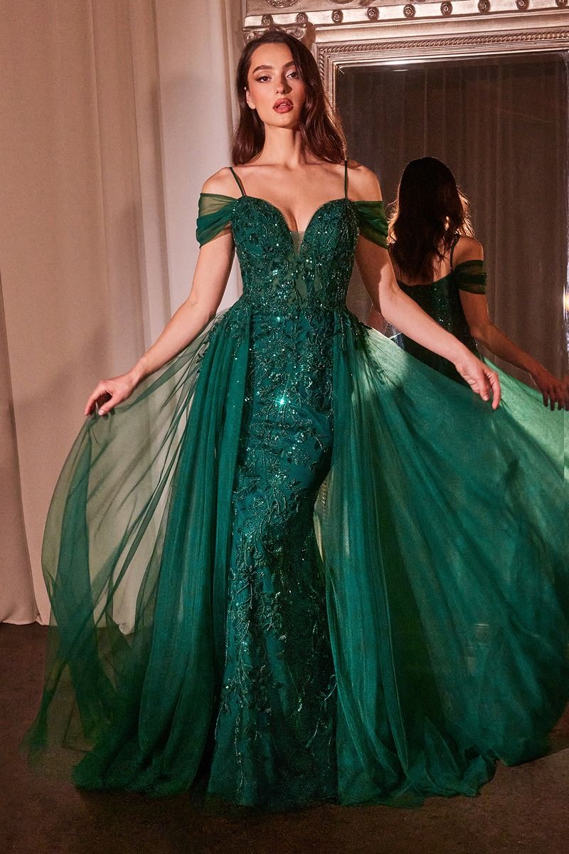 Embellished Off Shoulder Fitted A-Line Tulle Skirt Long Prom Dress CDSF009