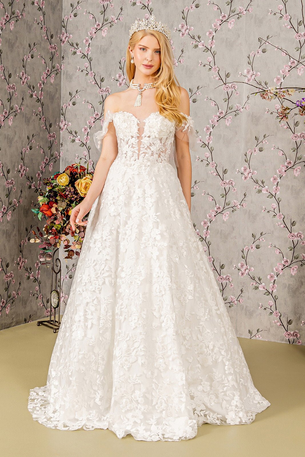 Sheer Bodice Sweetheart Mesh w/ Long Back Drape Long Wedding Dress GLGL3449 - PrimePick