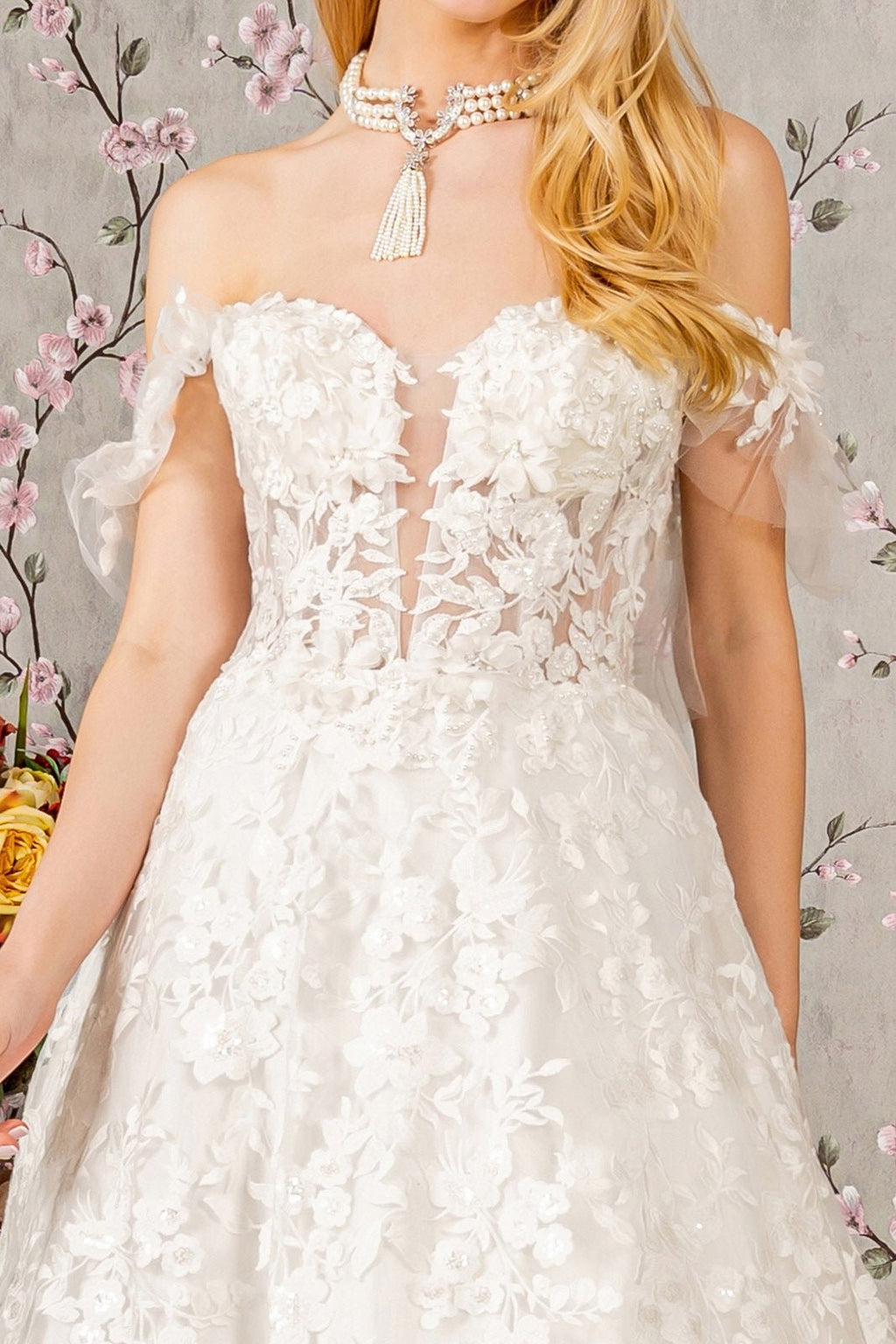Sheer Bodice Sweetheart Mesh w/ Long Back Drape Long Wedding Dress GLGL3449 - PrimePick