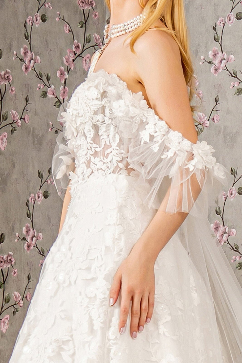 Sheer Bodice Sweetheart Mesh w/ Long Back Drape Long Wedding Dress GLGL3449 - PrimePick