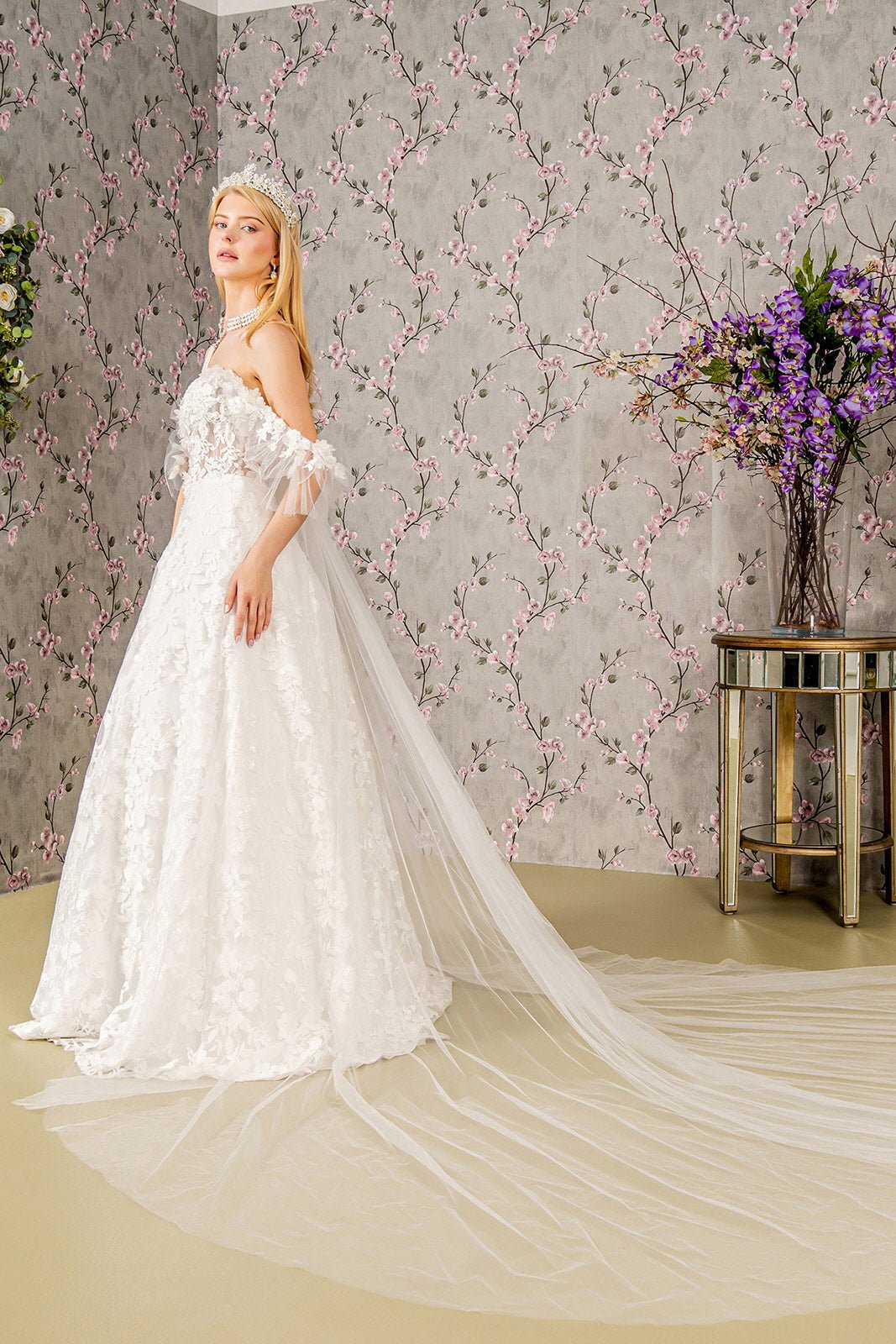 Sheer Bodice Sweetheart Mesh w/ Long Back Drape Long Wedding Dress GLGL3449 - PrimePick