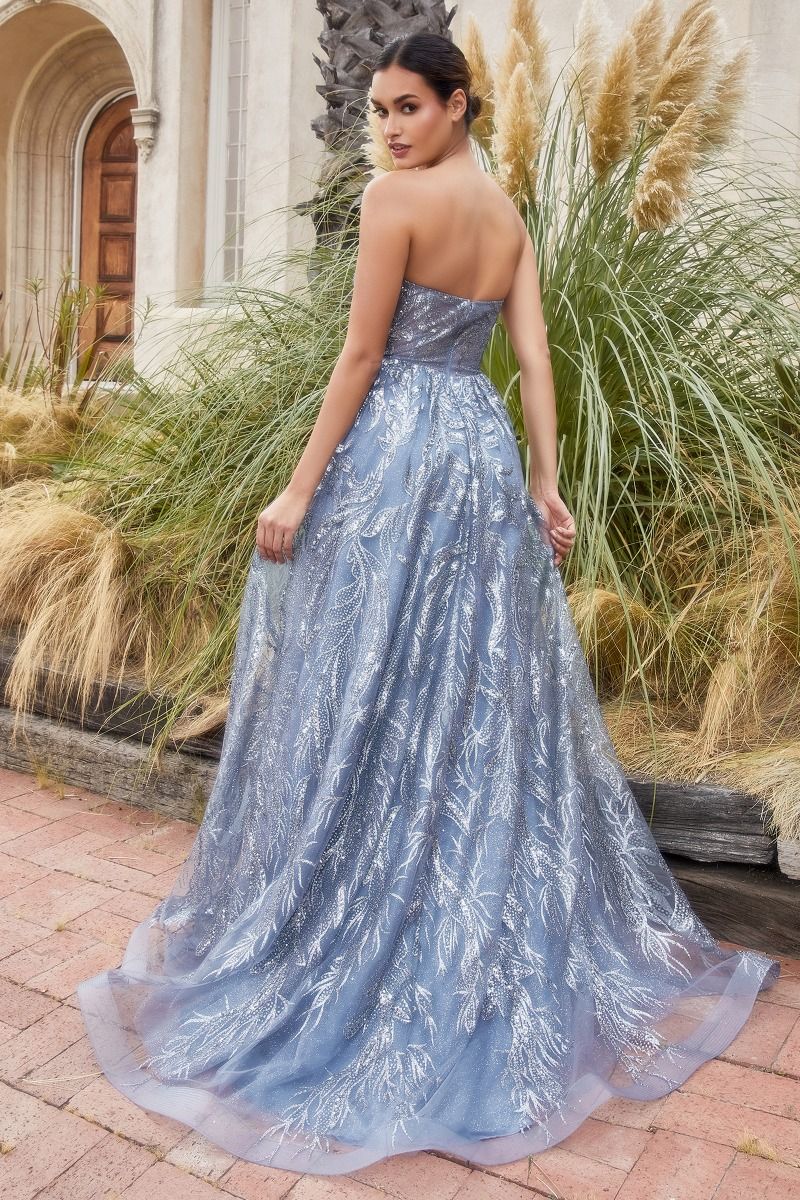 Shimmer Leaf Motif Strapless Bodice Open Back A-line Long Mother Of The Bride Dress CDA1174 - PrimePick