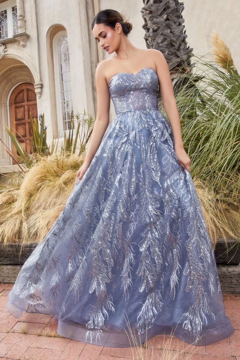 Shimmer Leaf Motif Strapless Bodice Open Back A-line Long Mother Of The Bride Dress CDA1174 - PrimePick
