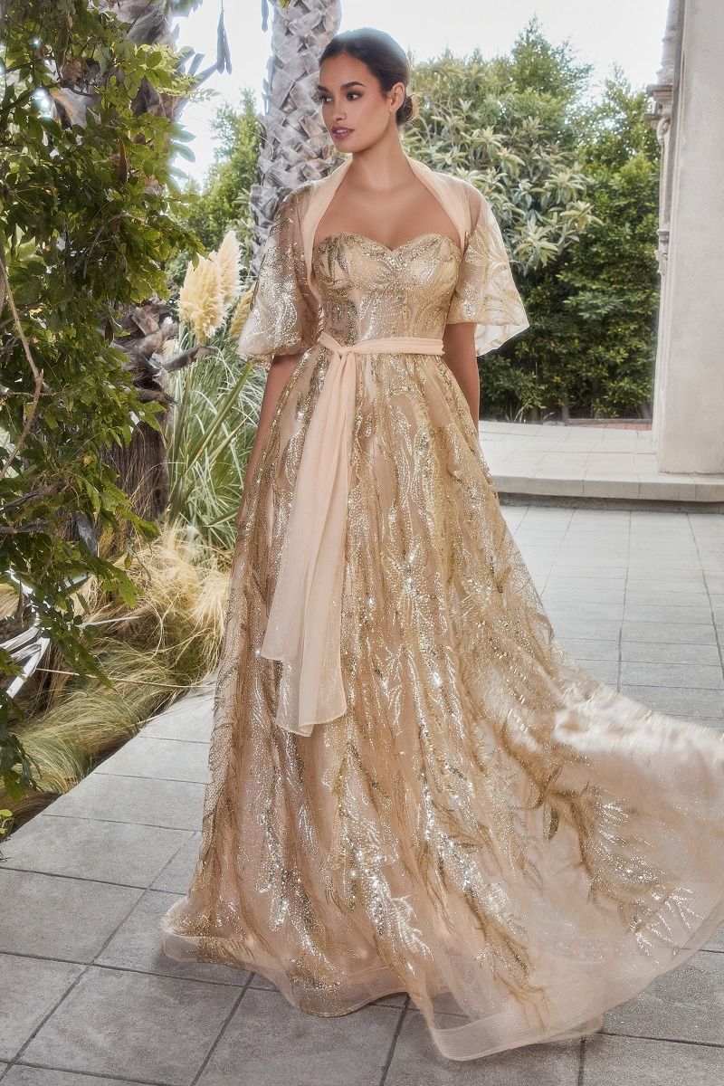 Shimmer Leaf Motif Strapless Bodice Open Back A-line Long Mother Of The Bride Dress CDA1174 - PrimePick