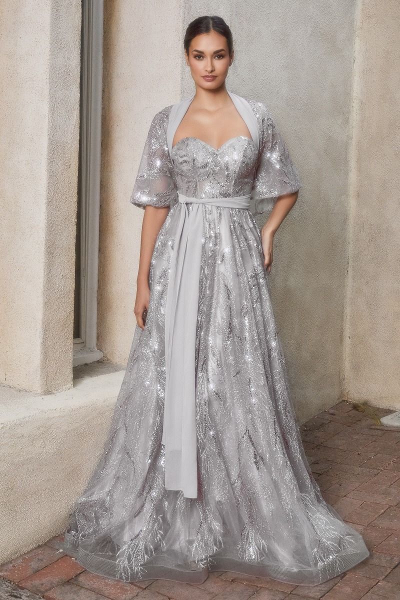 Shimmer Leaf Motif Strapless Bodice Open Back A-line Long Mother Of The Bride Dress CDA1174 - PrimePick
