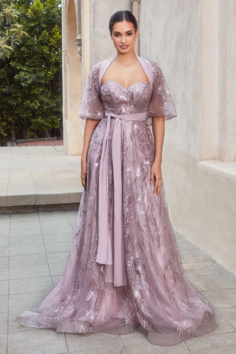 Shimmer Leaf Motif Strapless Bodice Open Back A-line Long Mother Of The Bride Dress CDA1174 - PrimePick