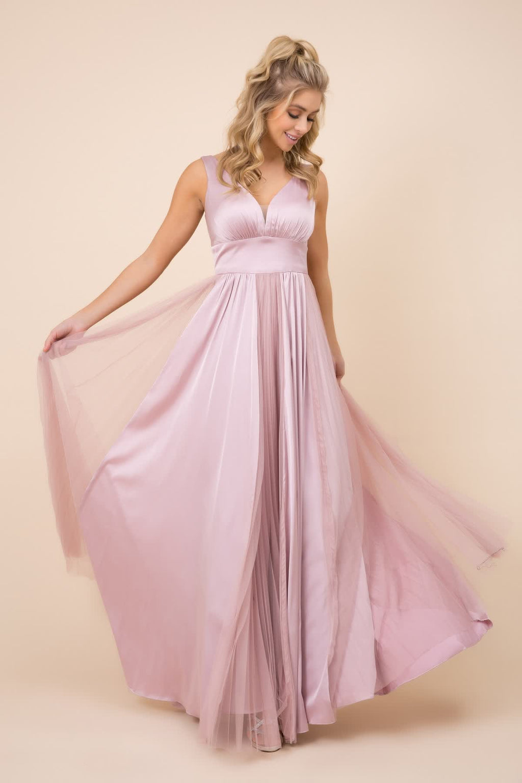 Sleeveless Pleated Open V-Back Long Bridesmaid Dress NXL340 - PrimePick