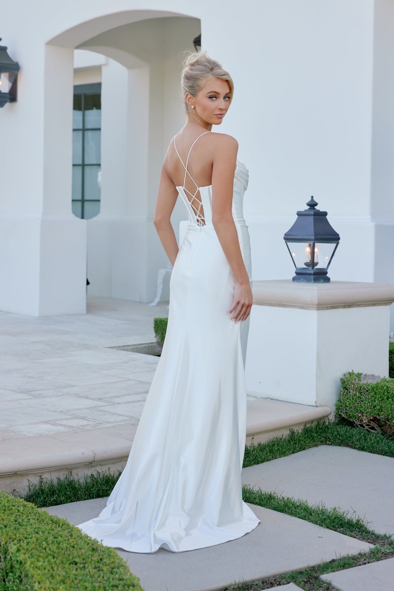 Sleeveless Sheath Soft Satin Bridal Gown w/ Draped Cowl Neckline & Elegant Leg Slit NXE1042W - PrimePick