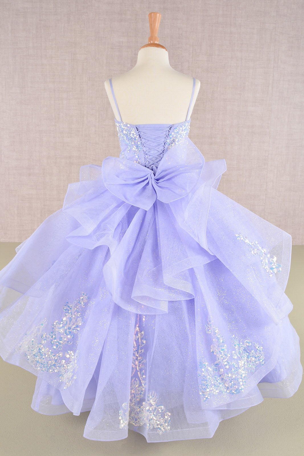 Spaghetti Strap Sequin Mesh with a Detachable Ribbon and Ruffled Back Skirt Quinceanera Kids Dress GLGK106 - PrimePick