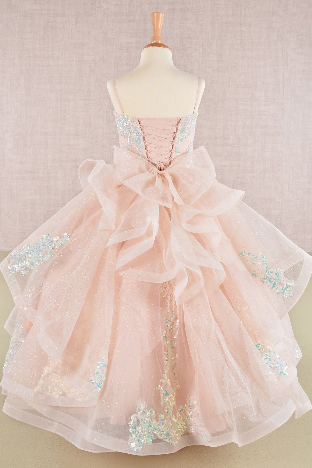 Spaghetti Strap Sequin Mesh with a Detachable Ribbon and Ruffled Back Skirt Quinceanera Kids Dress GLGK106 - PrimePick