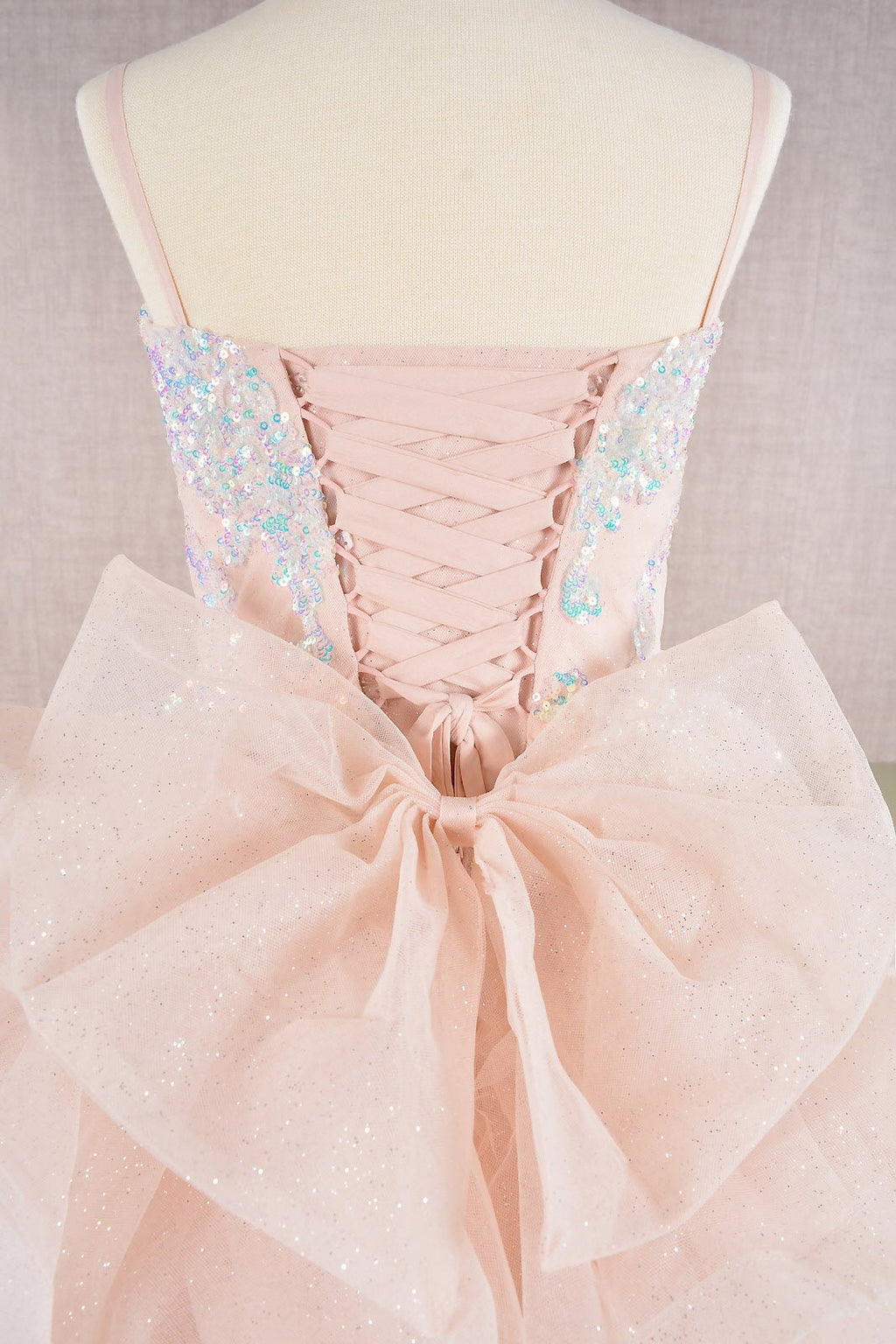 Spaghetti Strap Sequin Mesh with a Detachable Ribbon and Ruffled Back Skirt Quinceanera Kids Dress GLGK106 - PrimePick